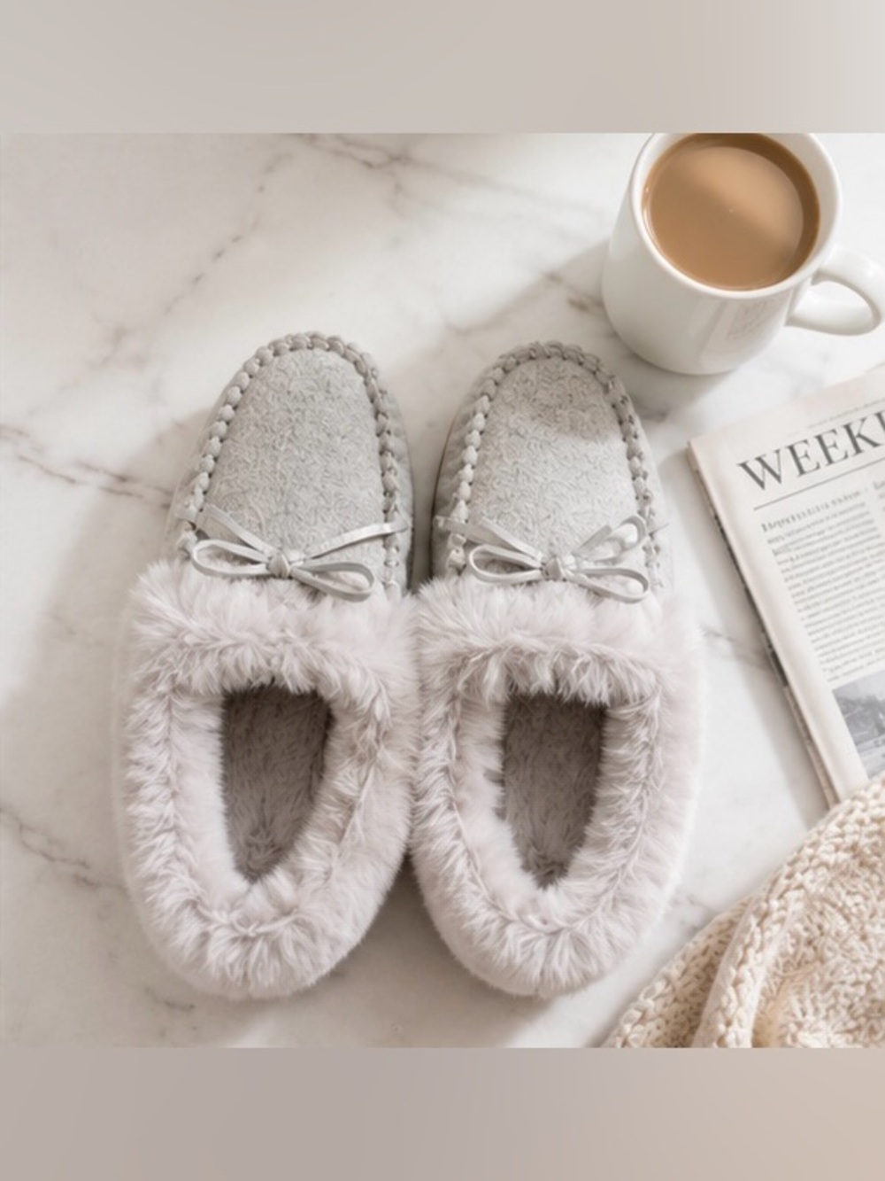 J.Crew Factory Faux Fur Moccasin Slippers Gray 6M
